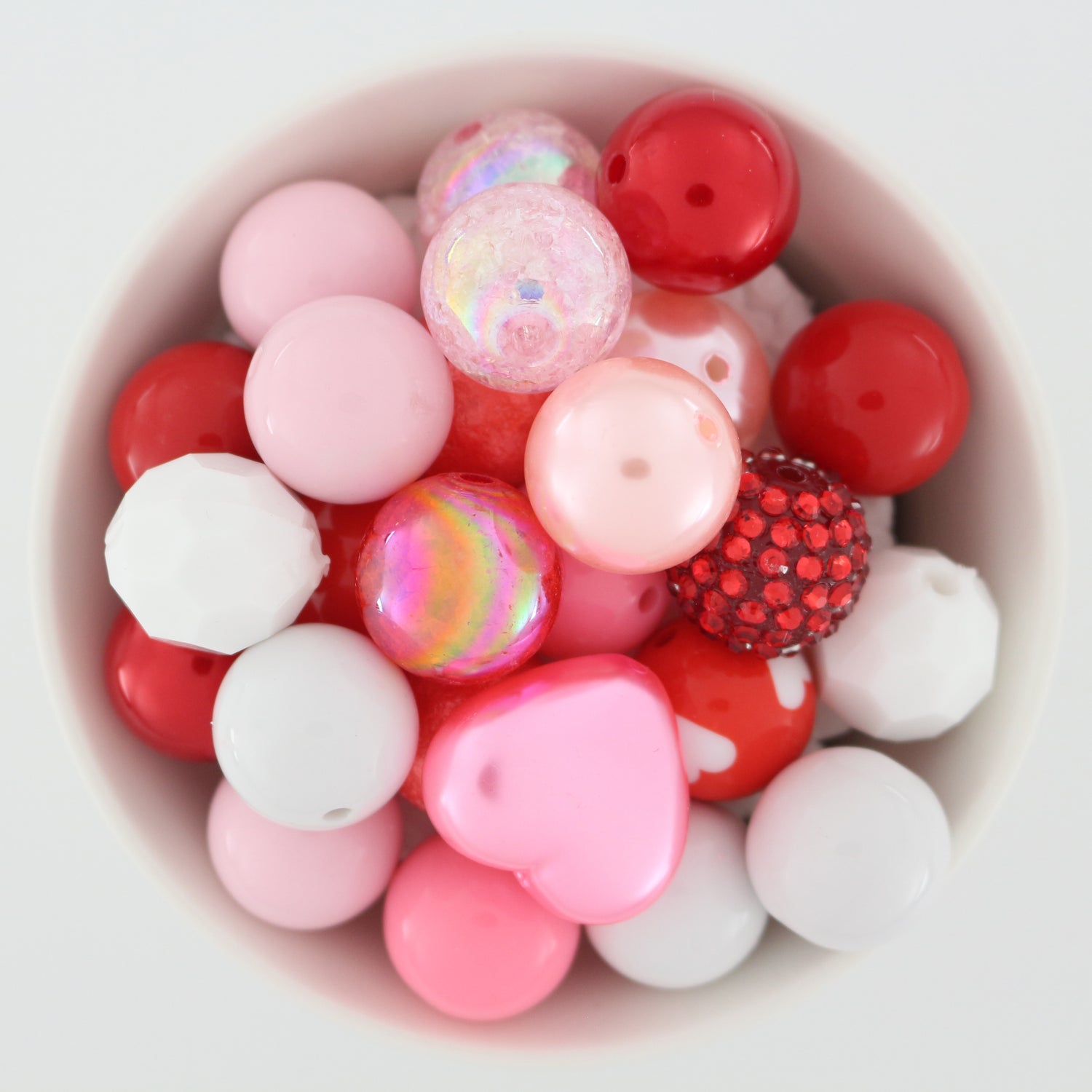 Bubblegum Beads 20mm Acrylic Red, White & Pink with Hearts - Valentine's Delight