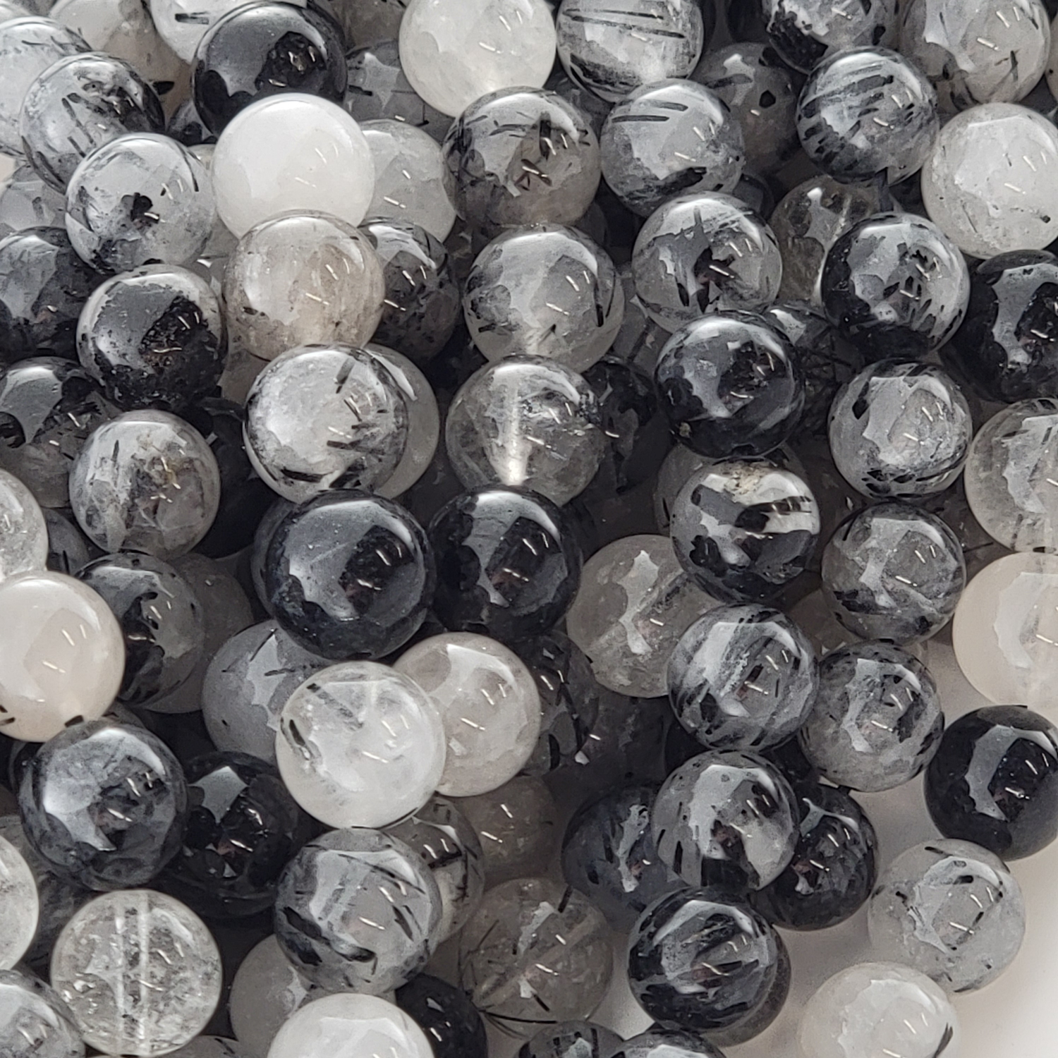 Black Rutilated Quartz Natural Smooth Round Beads