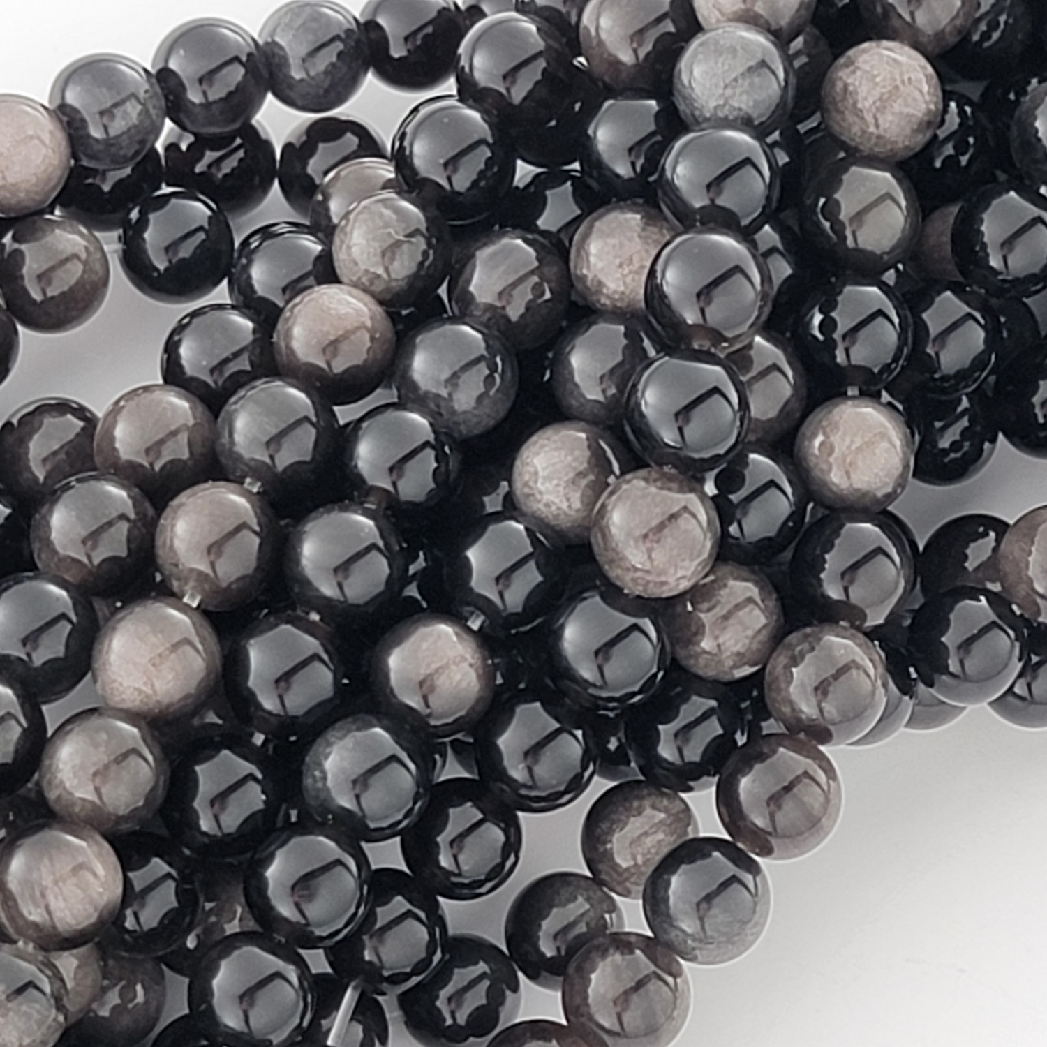 Silver Obsidian Natural Smooth Round Beads (Silver Sheen)