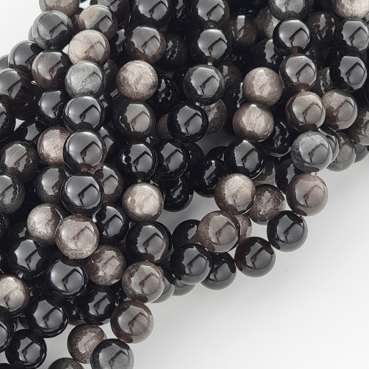 Silver Obsidian Natural Smooth Round Beads (Silver Sheen)